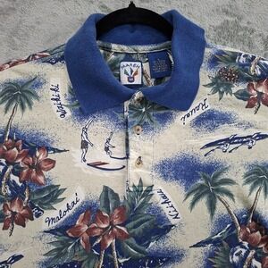 VTG Mareh Polo Shirt Blue Floral Hawaiian Cotton Men's Size Large Vintage Casual
